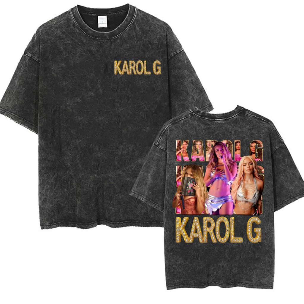 Karol G Tropicoqueta Tour 2026 New Album Vintage Washed T-shirts Men Women Fashion High Quality Casual Cotton T Shirt Streetwear
