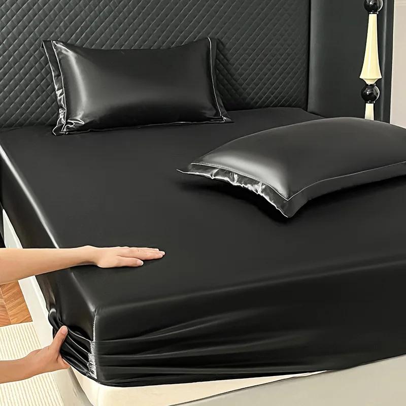1Pc Satin Elastic Fitted Sheet Solid Mattress Cover for Single Double Couple King Queen Full Twin Bedsheet Satin Bed Linen