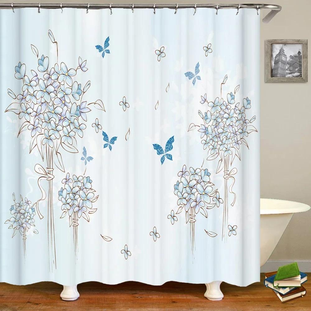 3D European Beautiful Flower Printing Bathroom Curtain Waterproof Polyester Shower Curtain Home Decoration Curtain With Hooks