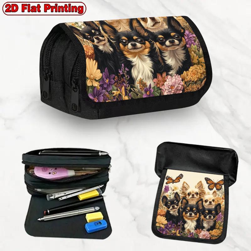 1 Stück Chihuahua-Thema Große Kapazität Doppellagig Klapp-Federmäppchen Geeignet für Büro & Reisen - Reißverschluss, Niedlicher Chihuahua-Druck Stiftehalter f