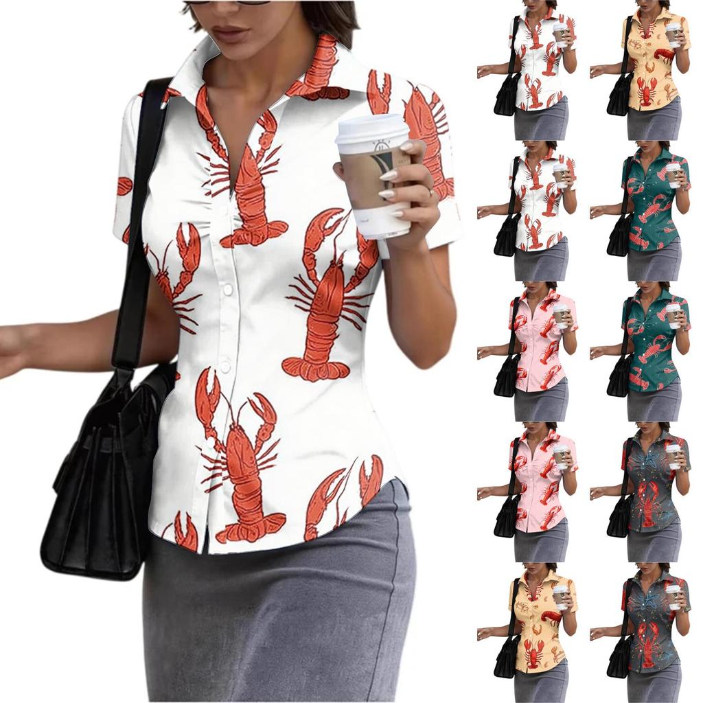 Damen Kurzarm Hemdbluse Slim Fit mit Kragen Hummerdruck Lässiges Sommer Oberteil für Büroarbeit und Alltag