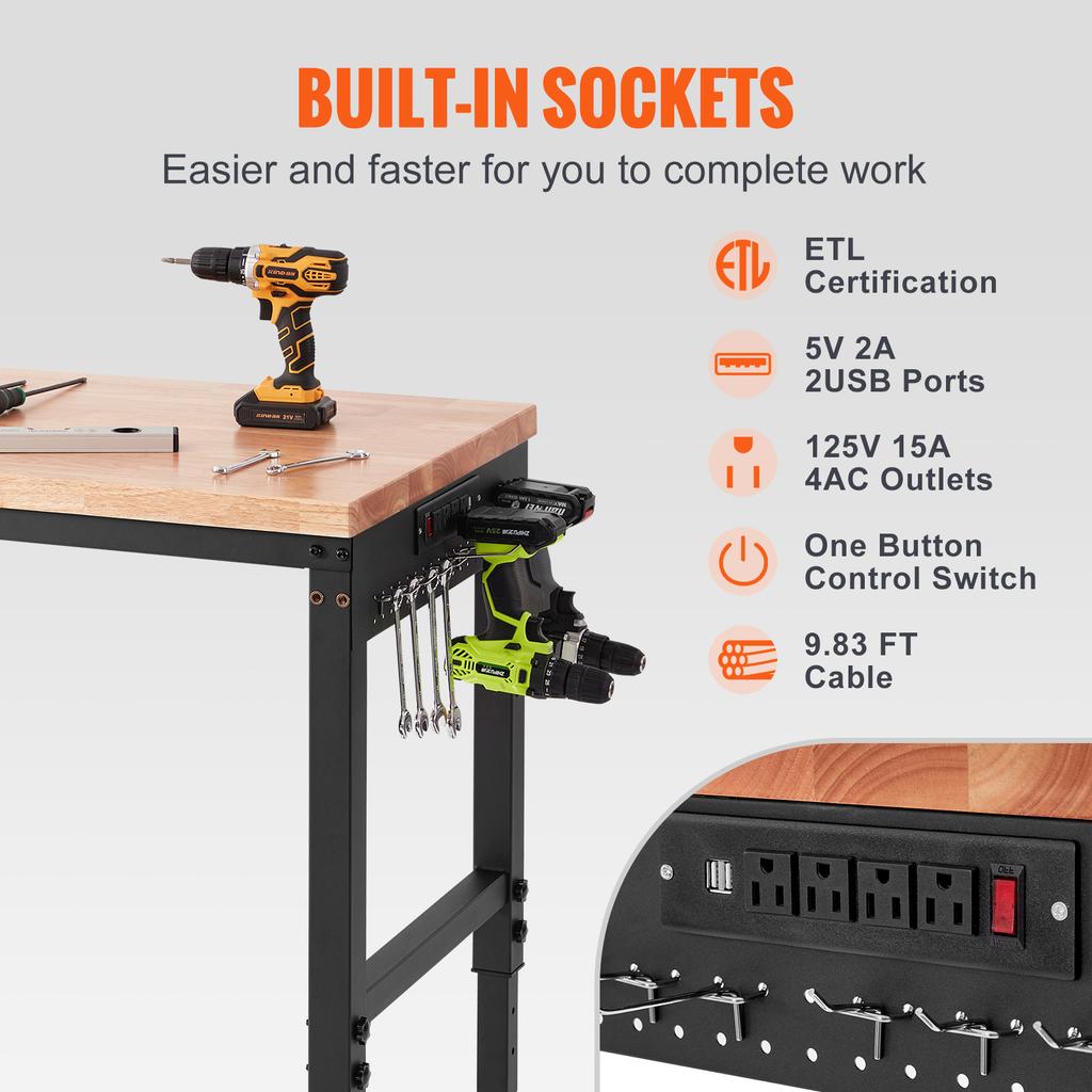 SucceBuy 2000/3000 LBS Adjustable Workbench Garage Worktable with Universal Wheels Power Outlets Hardwood Top for Office Factory