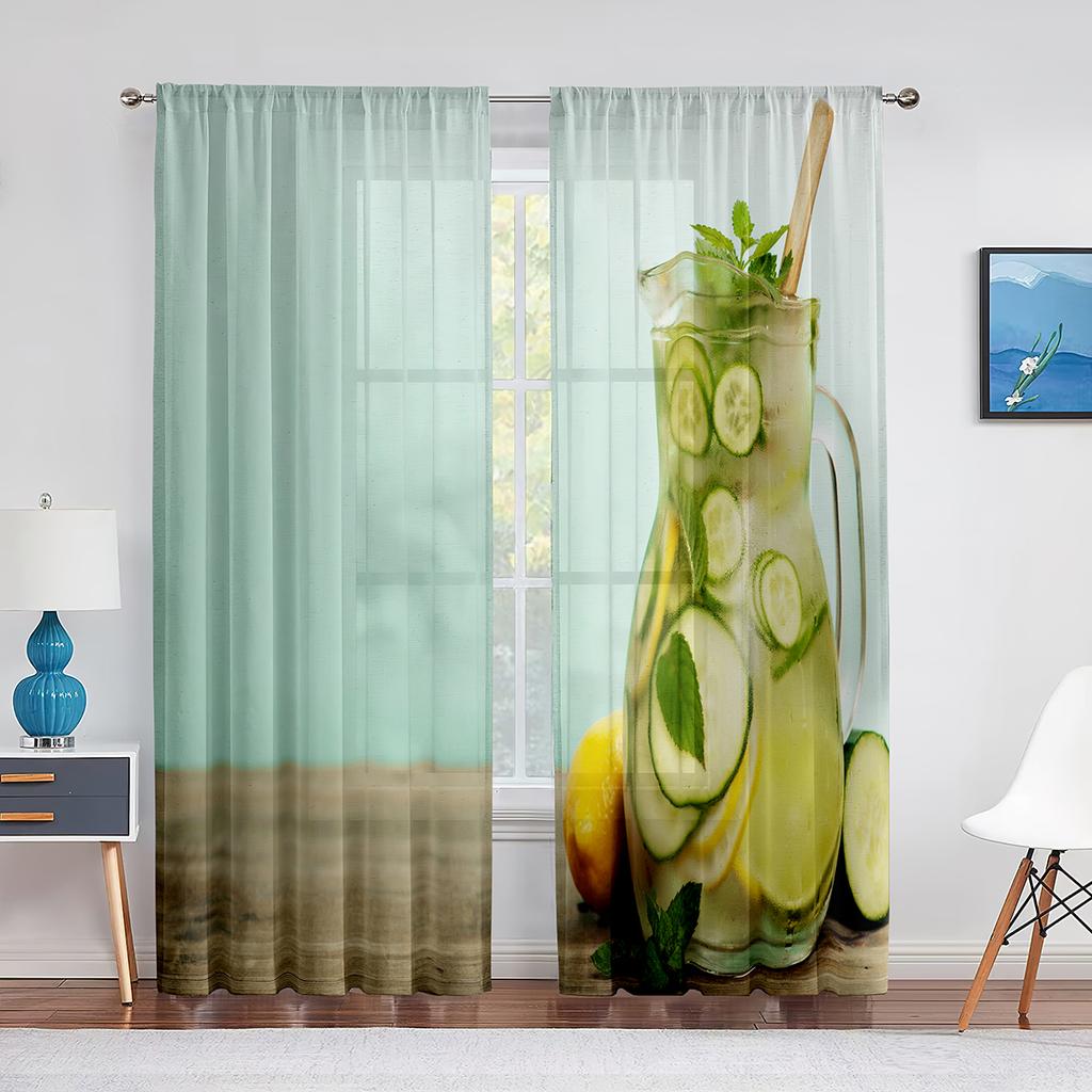 Gelbe Zitrone Frucht Grüne Blätter Transparente Vorhänge Fensterdekoration für Küche Wohnzimmer Schlafzimmer Dekoration Moderne Tüllvorhänge