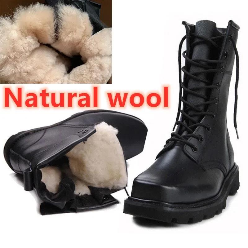 Natural Wool Military Boots Men Steel Toe Shoes Winter Mens Genuine Leather Work Boots Cowboy Tactical Boot Men Winter Boots