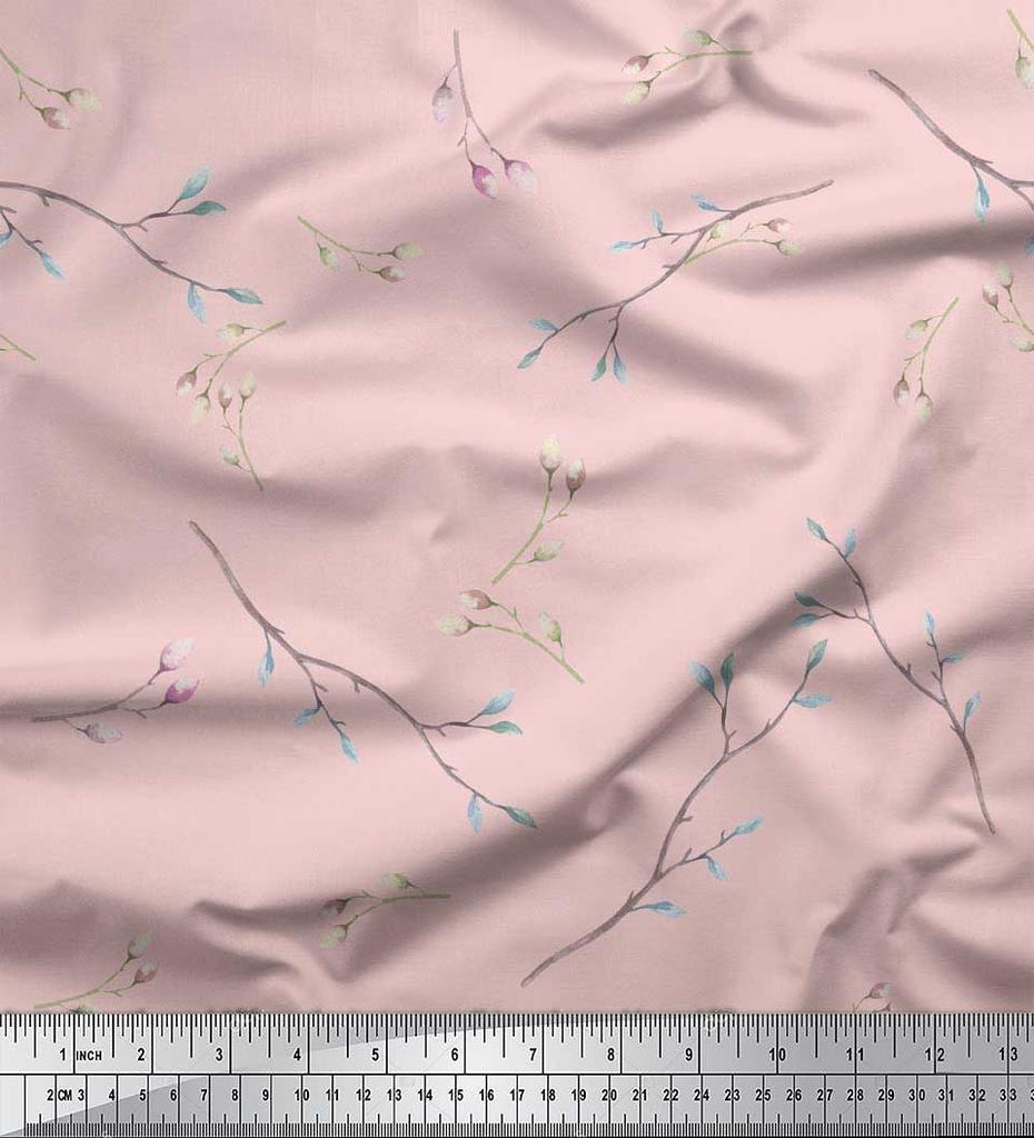Soimoi Japan Crepe Satin Fabric Leaves & Buds Flower Print Fabric by the metre 42 Inch