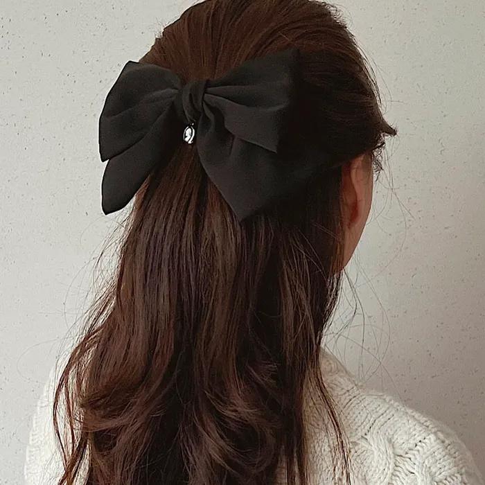 Cameo Satin Wide Ribbon Barrette [Black]