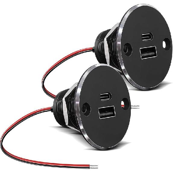 12V USB Outlet All-Aluminum QC 3.0 USB-A & USB-C PD3.0 Dual High-Speed Charger Socket, Recessed Mount Type-A Type-C Port for Camper Van Trailer RV
