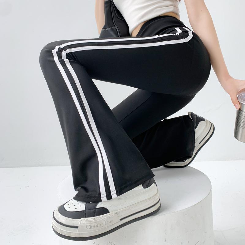 Black Flared Shark Pants for Women, High-waisted Slimming Striped Pants with Pockets, Loose and Stylish Spring/autumn Bell-bottom Pants