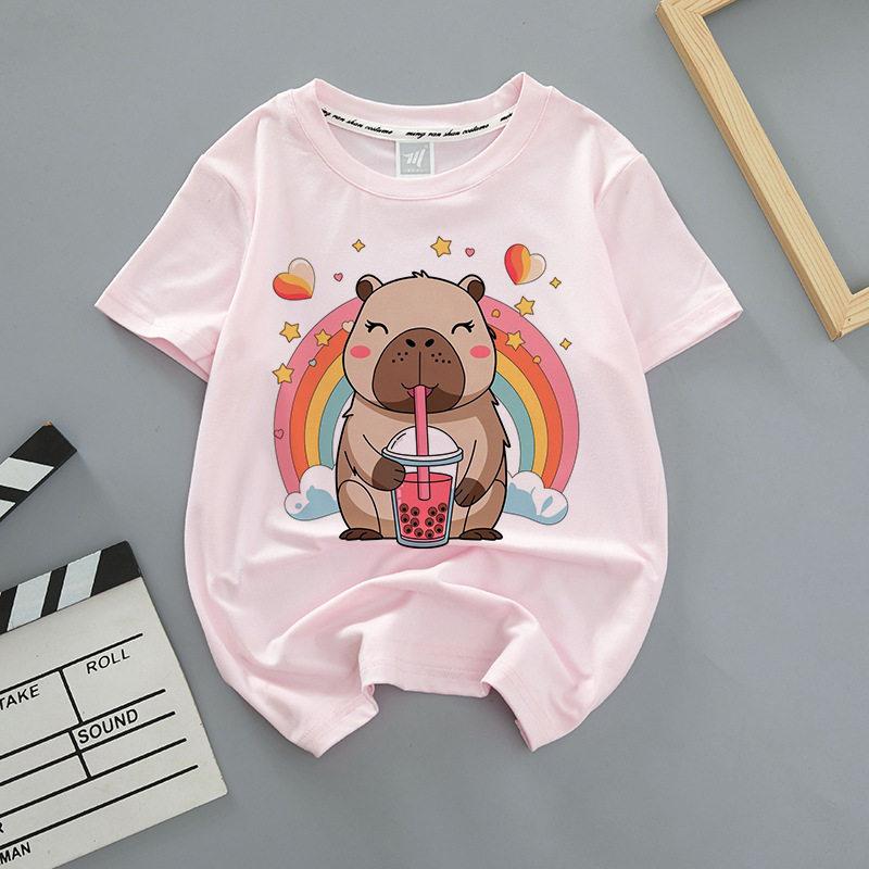 Capybara Summer Childrens Wear Shortsleeved Capybara Cute Childrens Roundneck Pink Trendy Brand Breathable Tshirt