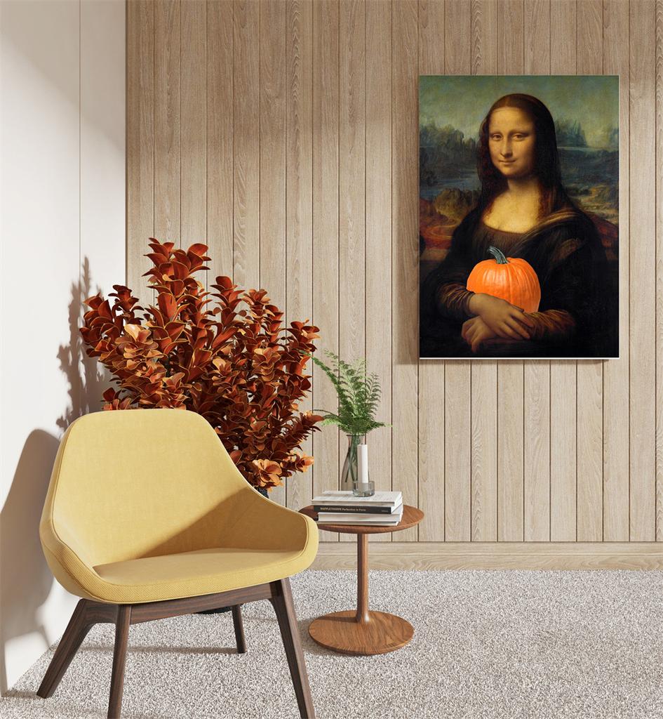 Mona Lisa with Pumpkin Altered Art Poster Famous Renaissance Portrait Prints Funny Classic Art Canvas Painting Kitchen Decor