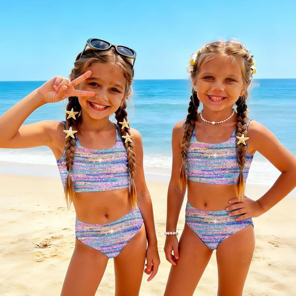 Costume da Bagno Due Pezzi per Bambina Set Top Corto Senza Maniche con Stampa di Paillettes e Slip a Vita Alta Costumi da Bagno per Bambini Estate Abbigliamento da Spiaggia