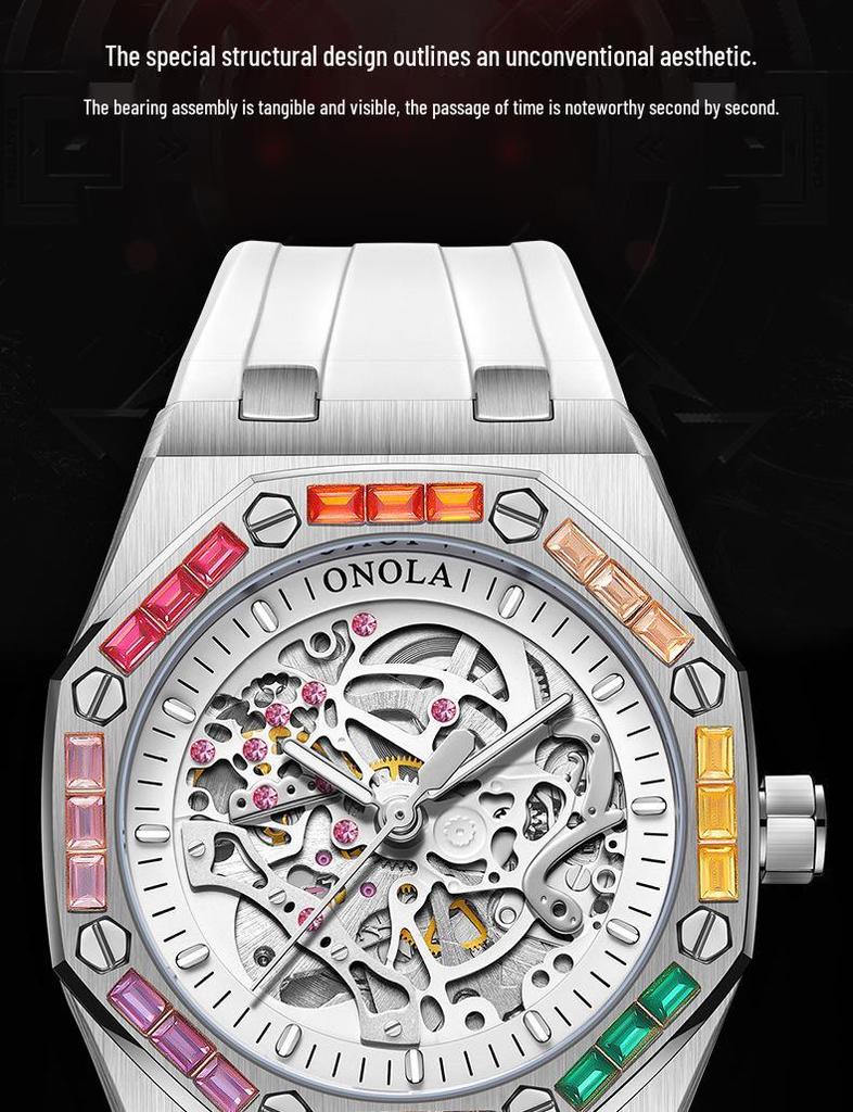 ONOLA Montre Homme Automatique Mécanique Fashion Diamants Arc-en-ciel Bracelet Silicone Étanche