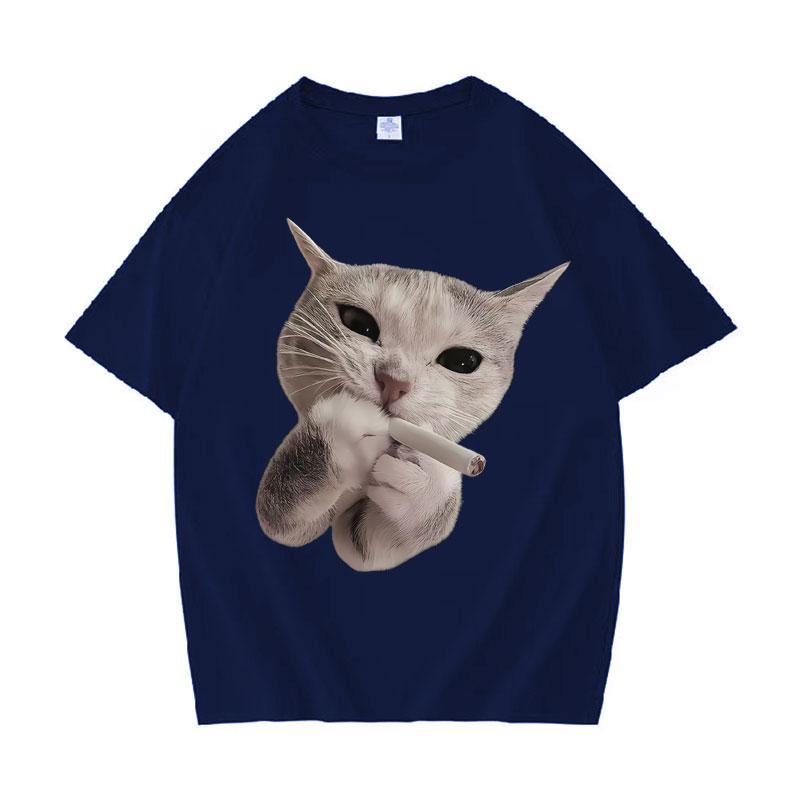 Mens and Women's Funny Cat Smoking Casual Crewneck T-Shirt Summer Graphics Oversized T Shirts Teenagers Clothes