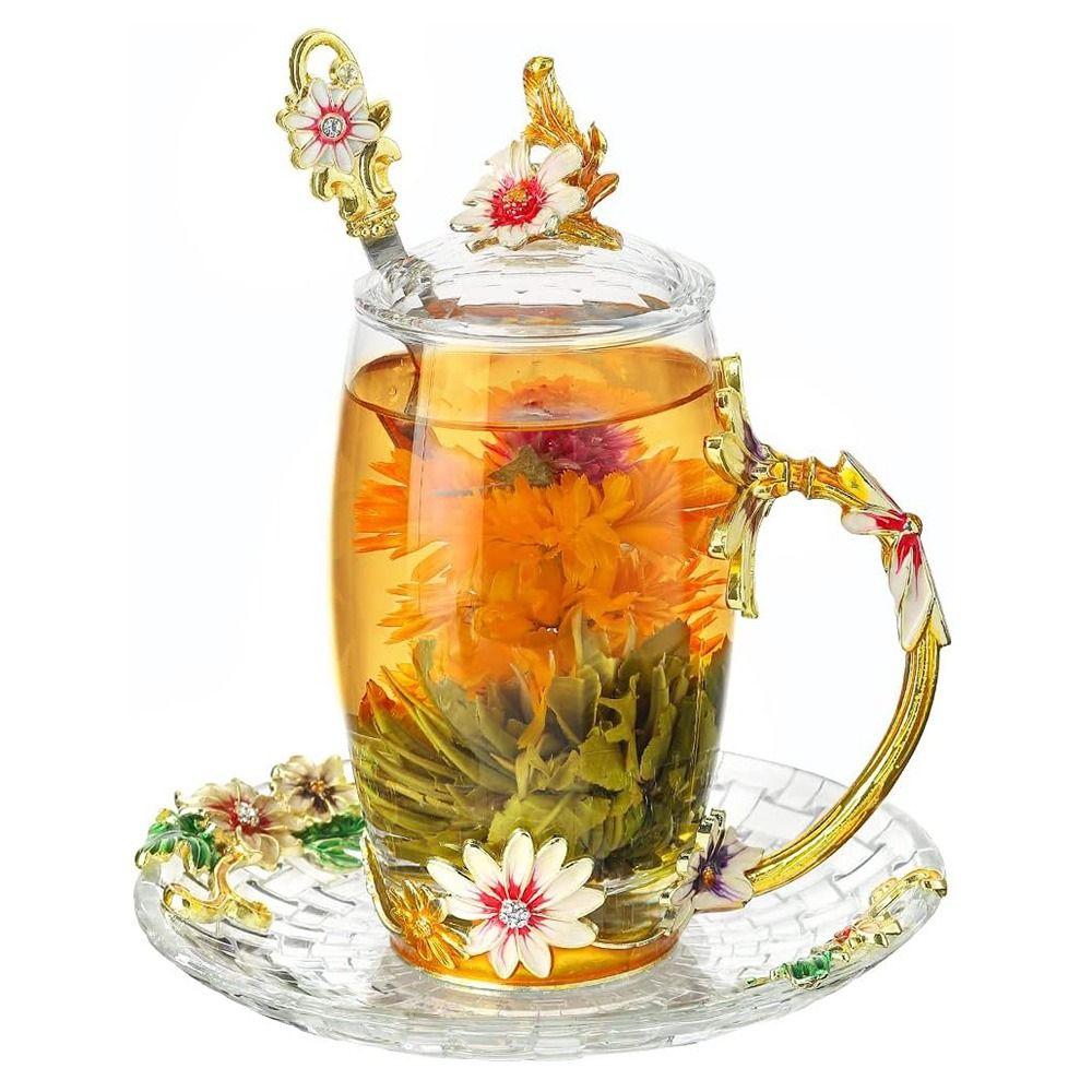 Vintage Tea Cup Plate Set Elegant Transparent Glass Teacup Lead-free Flower Tea Cup Set  Birthday