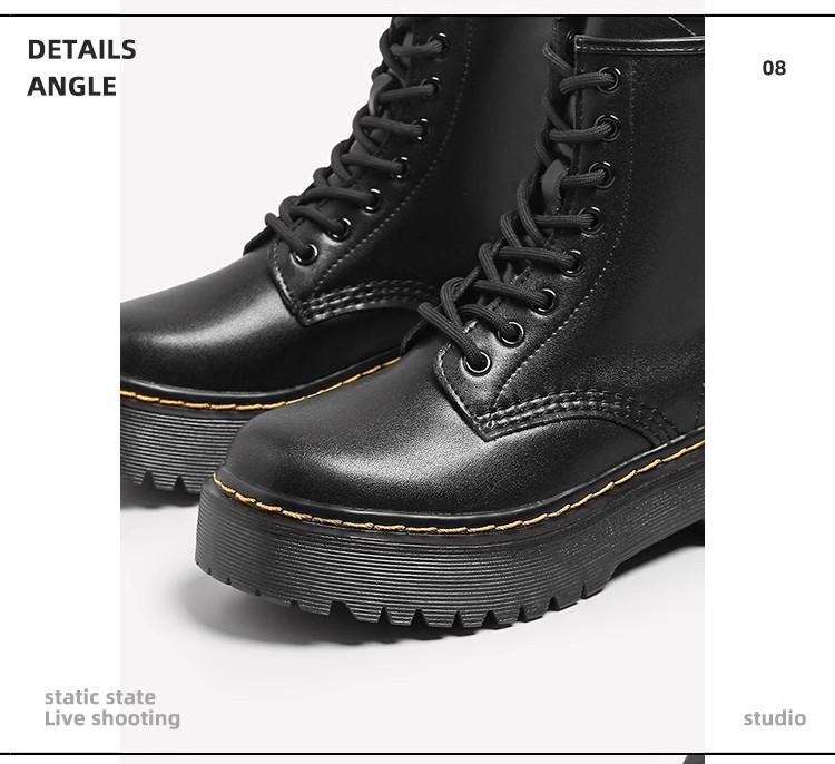 2025 Autumn and Winter Thick-soled Six-hole Open-edge Bead Martin Boots, Black Boots, Heightening Women's Street Cowhide Boots, Medium Tube