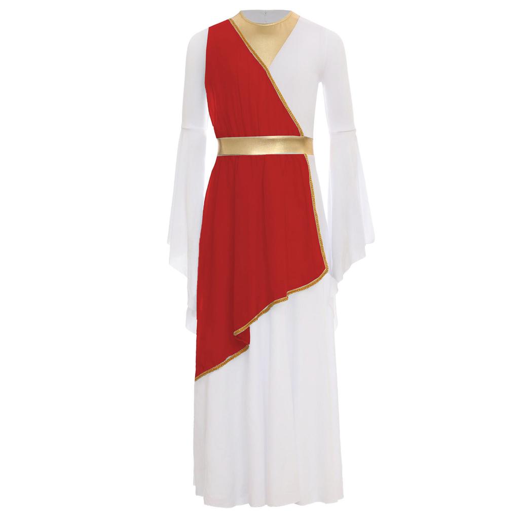 Girls Greek Princess Dress Long Sleeve Contrast Color Party Costume Role Play Performance Halloween Wear