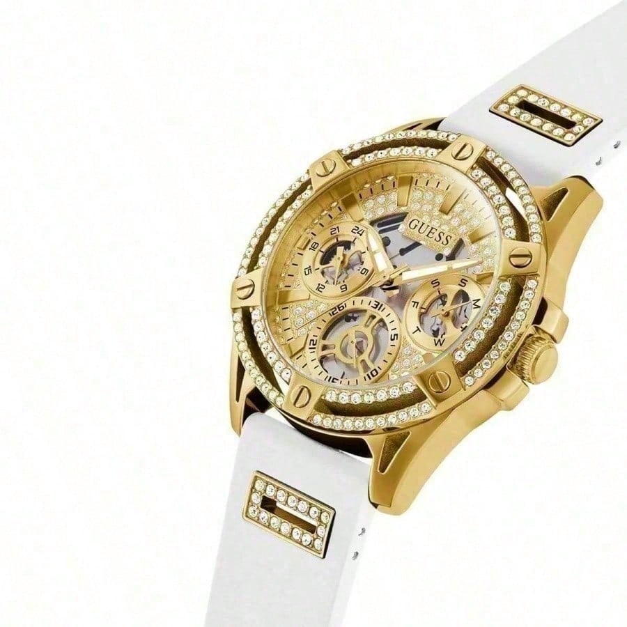 Guess Ladies' 40mm Gold Watch - Stainless Steel Case Skeleton Dial White Silicone Strap GW0536L2