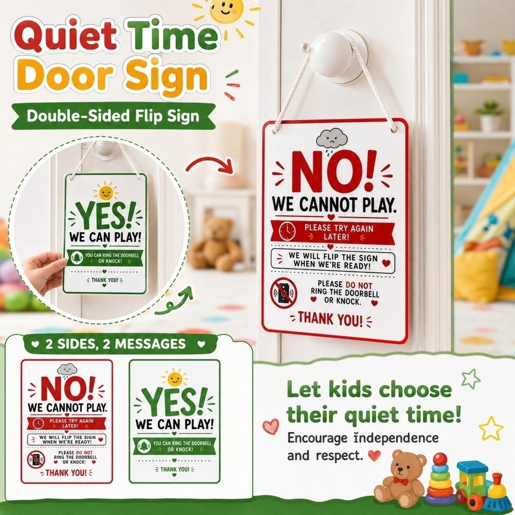 Double Sided Hanging Door Sign for Children Quiet Time and Play Time Flip Design with Clear Instructions for Use in Home or Classroom