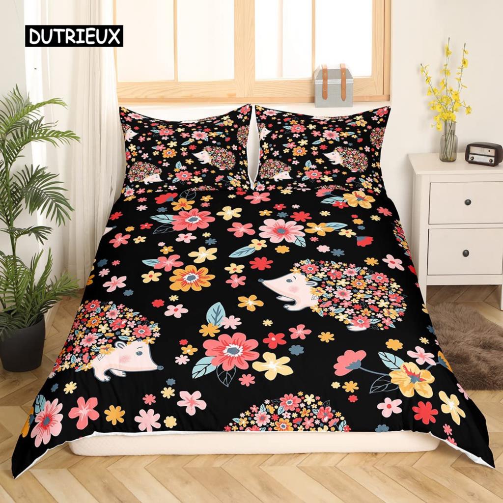 

Комплект постельного белья с изображением ежа, 3D-мультяшный ежик, цветок, 2/3 шт., комплект постельного белья для детей, мальчиков и девочек, животное, размер Queen, полиэстер, пододеяльник EU single(135x200cm)