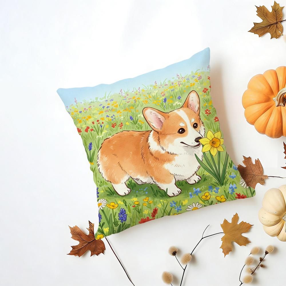 PPembroke Welsh Corgi Cushion Cover Washable Linen Pillowcase Soft  for Daily Sofa Bed Home Room Decor