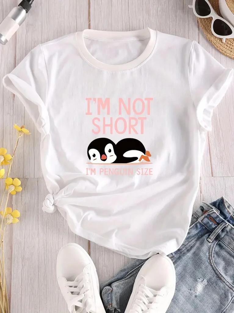Im Not Short Im Penguin Size Letter & Animals Print T-Shir Crew Neck Short Sleeve T-Shirt Casual Tops Shirts Soft Daily Wear