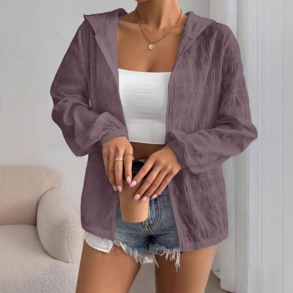 2025 Women's Solid Color Hooded Jacket – Casual Long Sleeve Zipper with Sun Protection