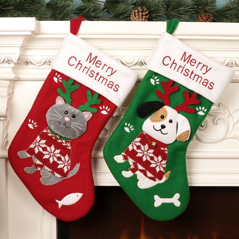 

Cute Cat Dog Christmas Sock Large Size Christmas Hanging Stocking Christmas Gift Sock Christmas зелёный