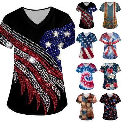 Women's Independence Day Printed Loose V-Neck Pocket Short-Sleeve Caregiver/Uniform