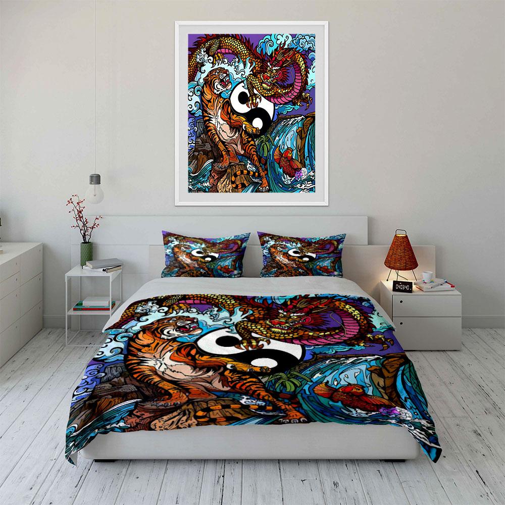 Dragon Tiger Yin Yang Decor Soft Comfortable Duvet Cover Bedding Set Included 1*Duvet Cover & 2*Pillowcases, Gift