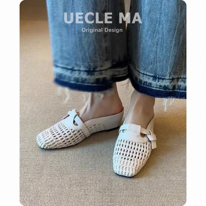 Sheepskin~ Baotou half slippers women's summer outer wear inner height-increasing hole shoes one pedal woven breathable cool single shoes