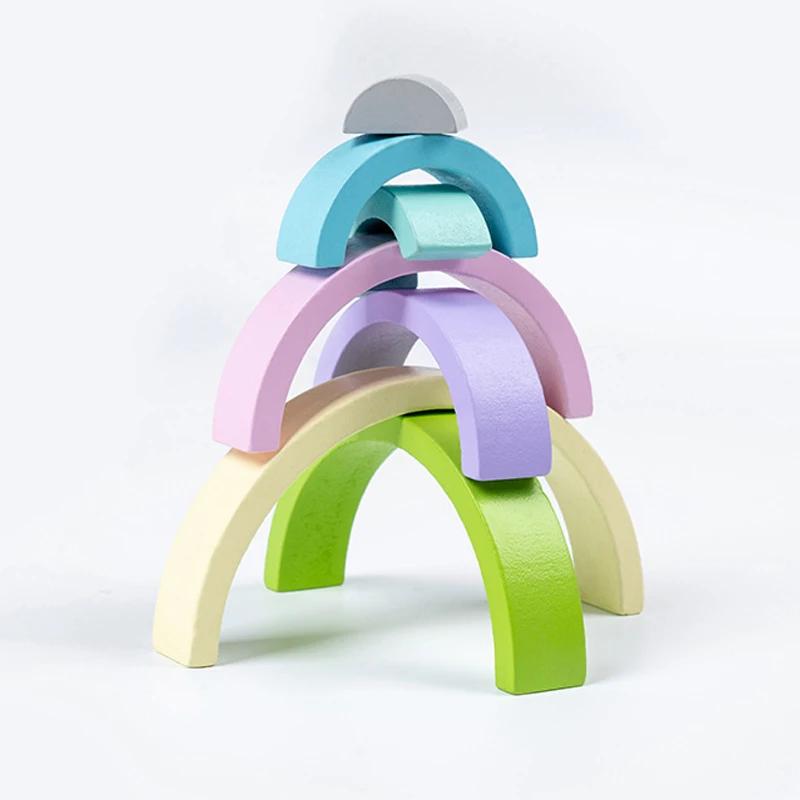 Latest Children Montessori Arch Bridge Rainbow Building Blocks Wooden Playthings Infant Early Education Color Cognitive Blocks Toy