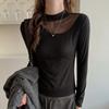 Womens Mesh Patchwork Long Sleeve T-Shirt Slim Fit Semi-High Neck Fall Winter Inner Top Fashionable
