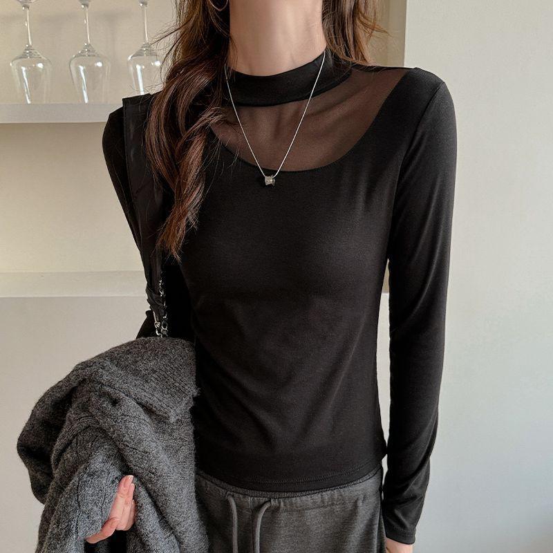 Womens Mesh Patchwork Long Sleeve T-Shirt Slim Fit Semi-High Neck Fall Winter Inner Top Fashionable