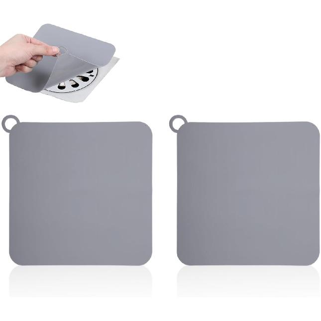 Shower Drain 2 Pcs Silicone Tub Stopper Floor Drain Covers Hair Catcher Grey Square 8.27 Inch Shower Stopper Sewer Mat Drains Plugs Silicone Mat for