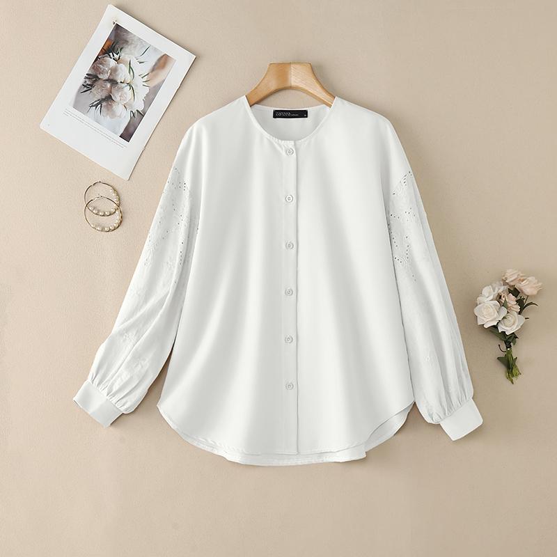 ZANZEA Női Alkalmi Kerek Nyakú Egyszínű Laza Hosszú Ujjú Blúz