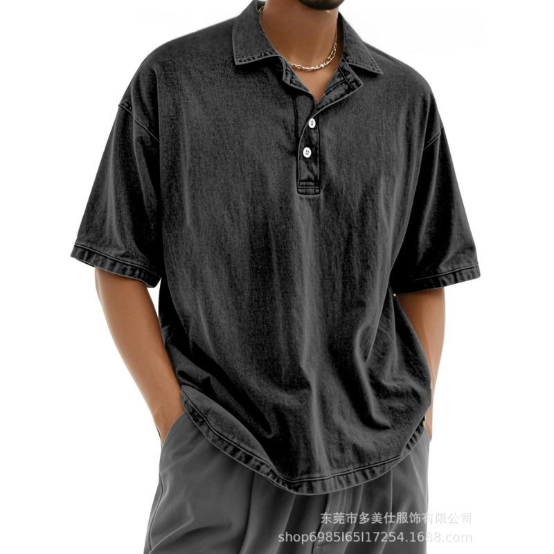 Mens Casual Washed Solid Color Drop Shoulder Short Sleeve Polo Shirt S чёрный