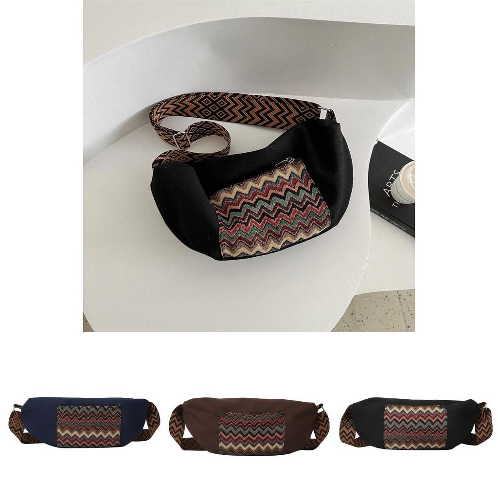 Stylish Tribal Canvas High Capacity Leisure Bag 2024 New Korean Winter Striped Fanny Pack Shoulder Crossbody Bag Coffee