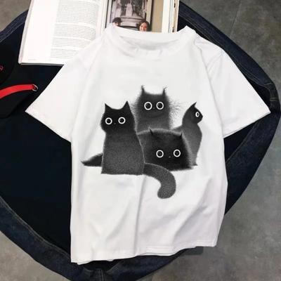 Cartoon Cat Streetwear Fashion Girls T-Shirts Harajuku Kawaii White Clothes Short Sleeve Summer Tees Casual Female O-Neck Tops