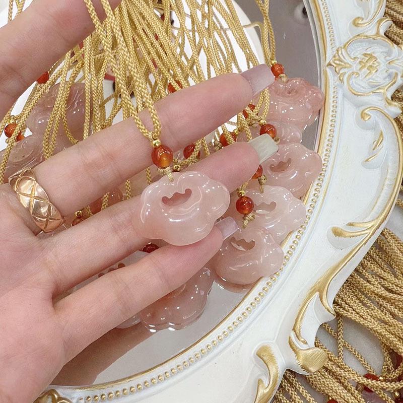 Xinjiang Golden Silk Jade Pendant Necklace with Peach Blossom and Auspicious Cloud Design for Women