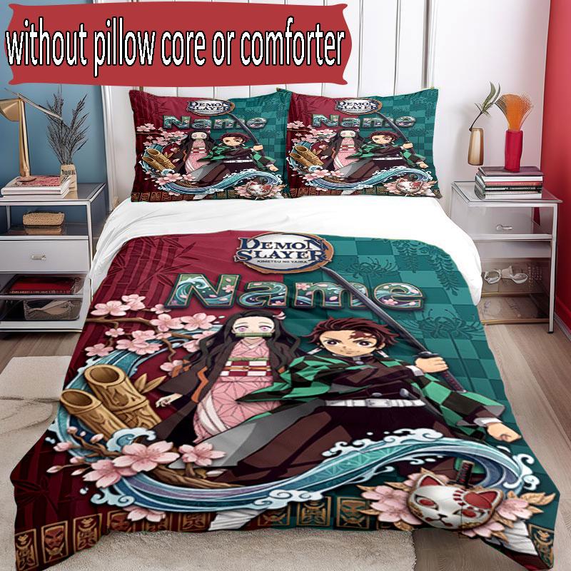 3pcs Duvet Cover Set (1*Duvet Cover + 2*Pillowcase, Without Core), Custom Name Demon Slayer Anime Pattern Bedding Set, Home Bedroom Decor Gift