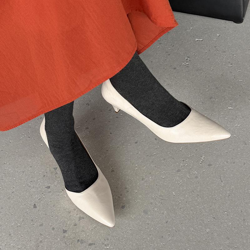 Cowhide Version~ Versatile High Heels Women's One-pedal Professional Work Shoes Shallow Mouth Pointed Temperament Single Shoes Non-slip