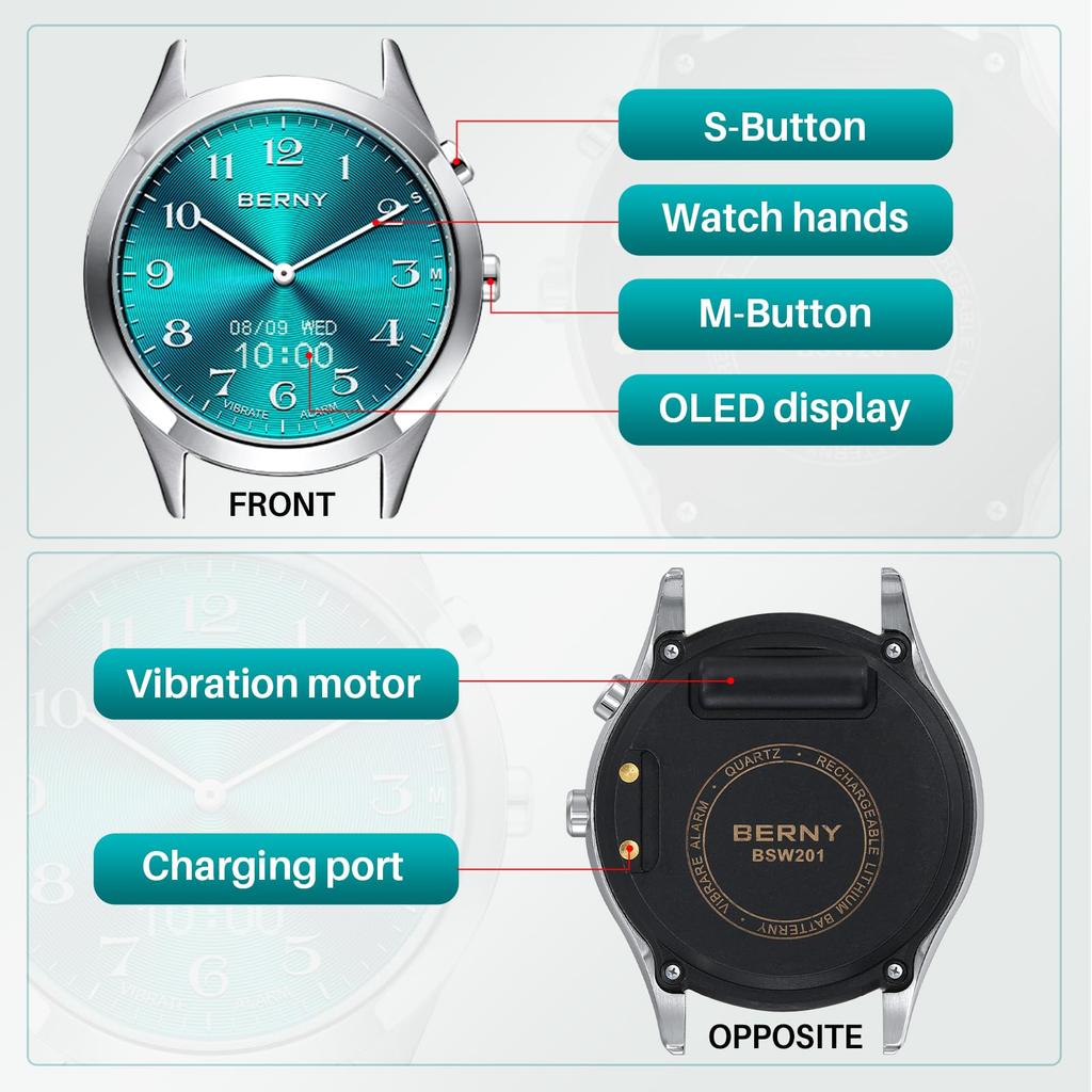 BERNY Vibration Hidden OLED Vibration Configurable Specially Designed for Elderly and Hearing Impaired People Water Resistant to 3 Blue Watch, Watch,