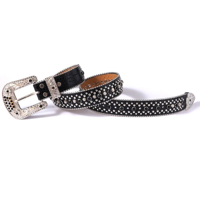 Rhinestones Studded Western Leather Belt Bling Waist Belts for Dresses Pants