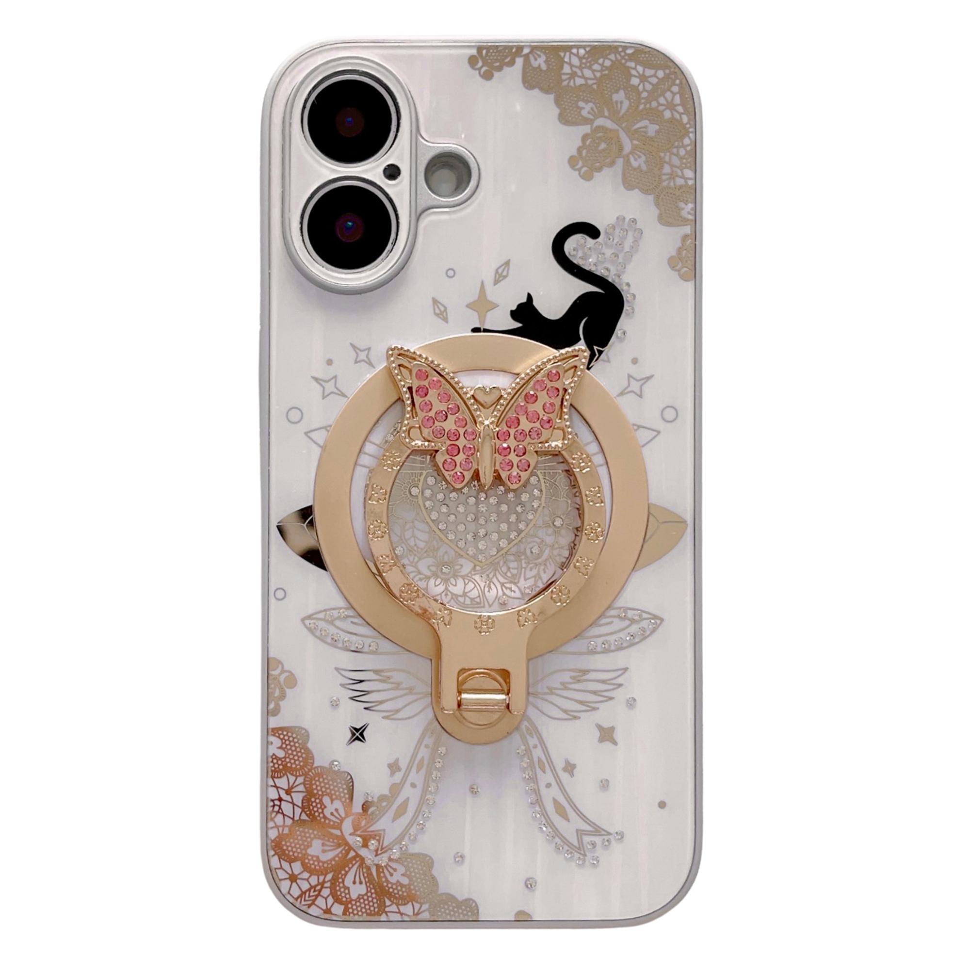 

For iPhone 16 Magnetic Case Rhinestones Decor Kickstand Cat Pattern TPU+PC Phone Cover - Pink