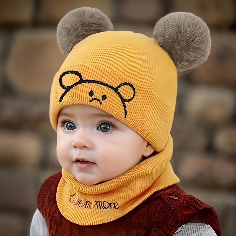 2pcs Winter Baby Hat Scarf Set Toddler Girl Boy Cap Knitted Beanie Fur Ball Cartoon Bear Snow Outfit Infant Accessories
