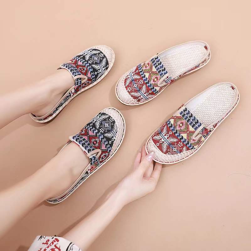 Women's cloth shoes spring and summer flat heel ethnic style shallow mouth middle-aged and elderly one-pedal lazy shoes bag head slippers mother shoes