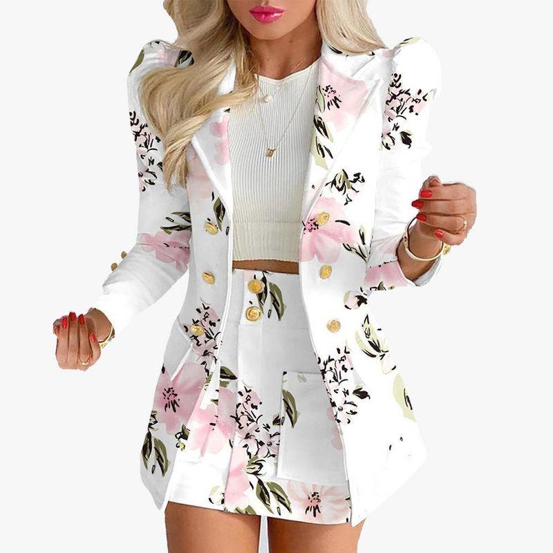

Two Piece Suit Set Women s New European and American Fashion Slim Fit Skirt Print Suit Two-piece Set White Flower L