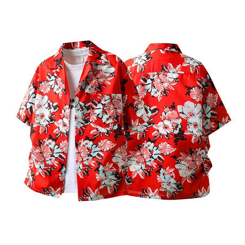 Retro Rotes Blumiges Kubanisches Kragen Kurzarm Urlaubshemd