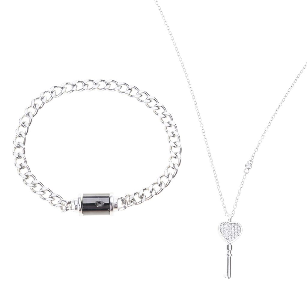 2pcs Metal Chain Bangle Stainless Steel Heart Key Pendant Necklace Fashion Couple Bracelet Necklace Jewelry Gift