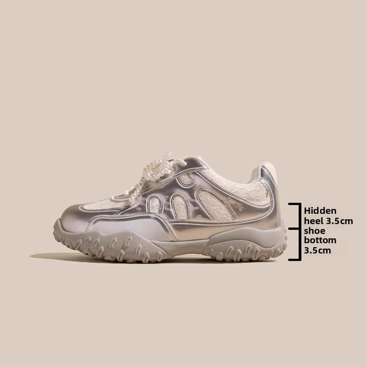 

Жемчужные шнурки Повседневные спортивные сетчатые туфли для девочек Обувь для увеличения роста 40 серебряный